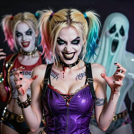 Photograph of two women in Joker-inspired makeup and outfits, one with pigtails and a purple top, the other in red, with a ghost