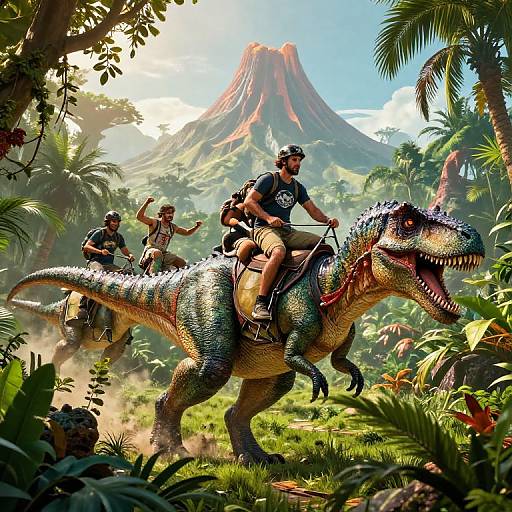 Digital artwork of three adventurers riding realistic, blue-scaled, spiked velociraptors through a lush, sunlit jungle with a volcanic mountain in the background