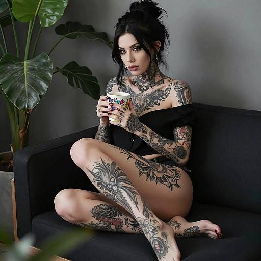 Tattooed Woman with Colorful Cup