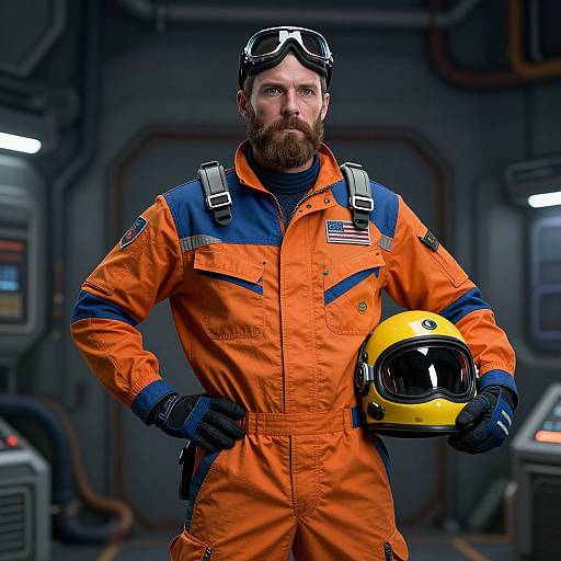 Photograph of a bearded man in an orange NASA-style jumpsuit, black gloves, holding a yellow helmet, wearing goggles, in a dimly