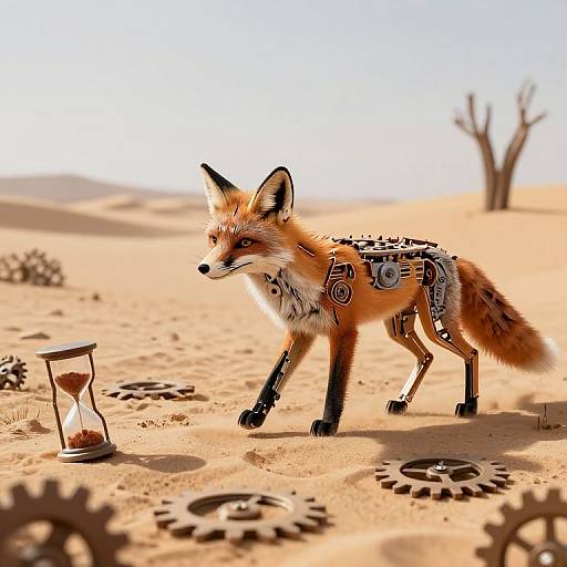 Photorealistic CGI of a cybernetic fox in a desert, walking towards an hourglass with gears on the sandy ground.