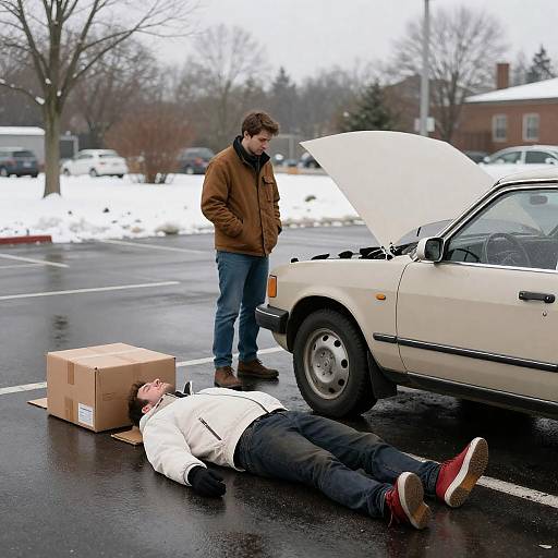 Snowy Parking Lot Breakdown Scene