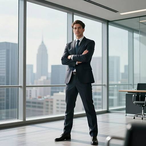 Photograph of a confident, attractive, young white man in a black suit with arms crossed, standing in a modern, sunlit office with large windows