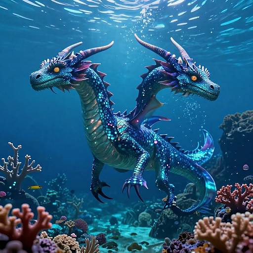 Photorealistic digital artwork of a vibrant, blue-scaled, two-headed dragon with glowing yellow eyes swimming through a sunlit, colorful coral reef underwater