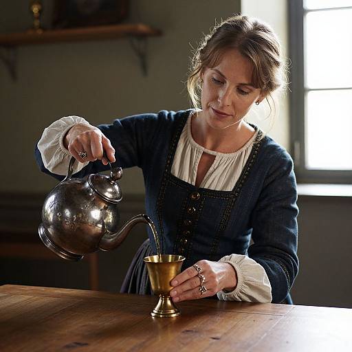 Woman in Period Attire Pouring Drink