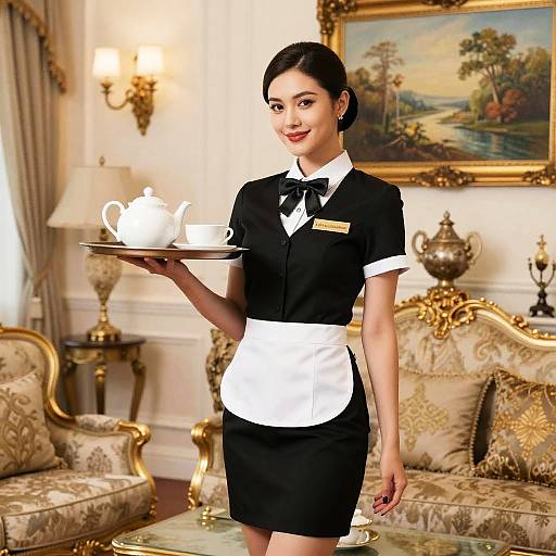 Photograph of a smiling Asian female waiter in black uniform with white apron, holding a tea tray, standing in an elegant, gold-decorated