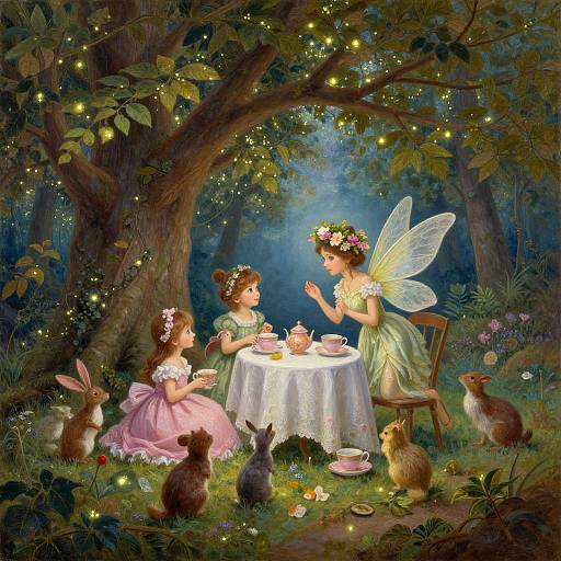 Whimsical fairy tale illustration: Two fairies with wings, one in pink, one in green, tea under a glowing tree, surrounded by rabbits