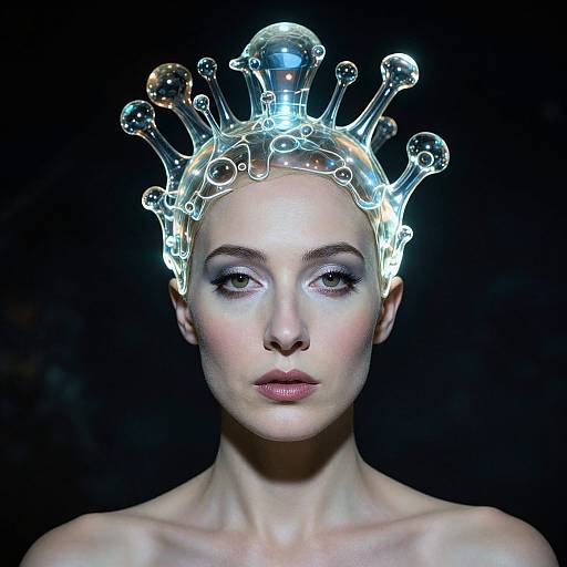 Photograph of a pale-skinned woman with glowing, ethereal crown of transparent, glass-like orbs, against a dark background. She has subtle makeup
