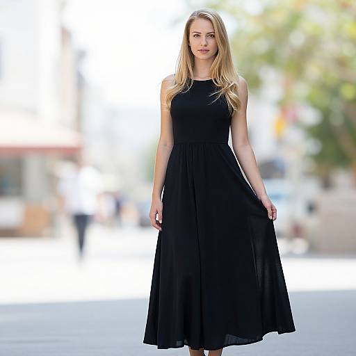 Photograph of a blonde woman with fair skin, wearing a sleeveless, floor-length black dress, standing confidently in a sunlit urban street. Bl