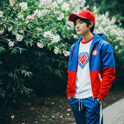 Young Man in Red and Blue Casual Outfit Near Blossoms