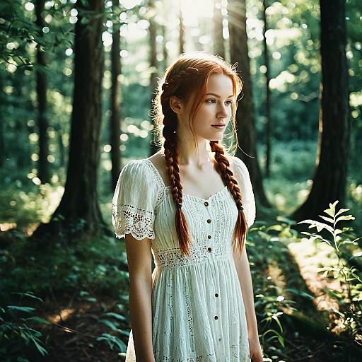 Young Woman in White Lace Dress in Sunlit Forest
