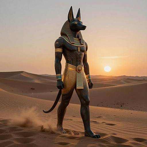 Anubis Statue in Desert at Sunset