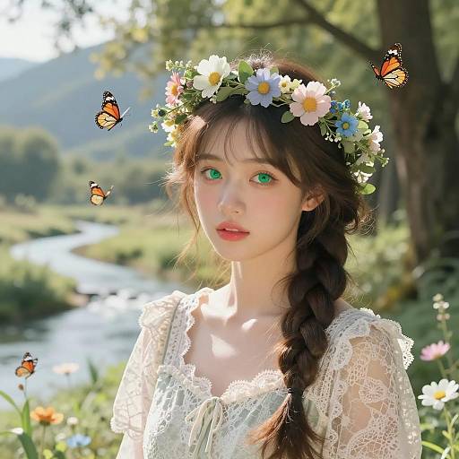 Young Woman in Floral Crown with Butterflies