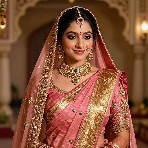 Photograph of an Indian bride in a pink and gold traditional saree, adorned with intricate jewelry, headpiece, and veil, smiling in a orn