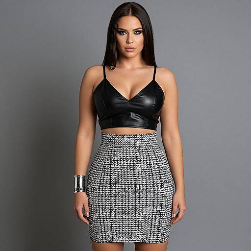 Photograph of a woman with long black hair, wearing a black leather crop top and black-and-white patterned high-waisted skirt, against a