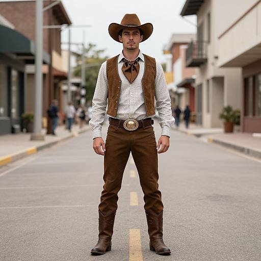 Photograph of a confident man in a brown cowboy hat, white shirt, brown vest, pants, and boots, standing on a street.