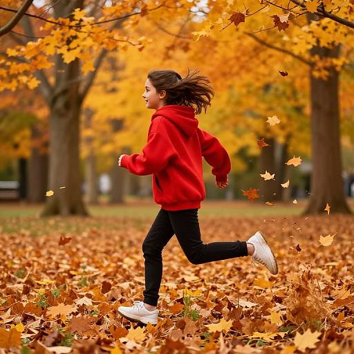 Girl in Red Hoodie Running Autumn Park