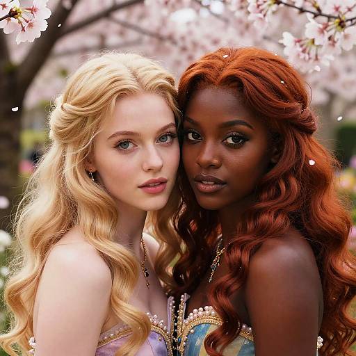 Two Princesses Embracing in Sakura Garden