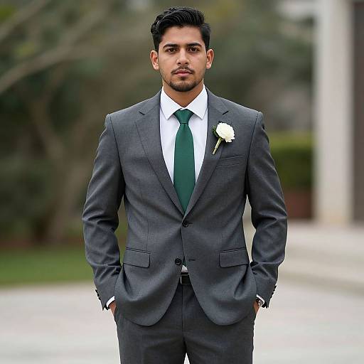 Photograph of a handsome South Asian man with dark hair, trimmed beard, wearing a gray suit, white shirt, green tie, and white rose bout