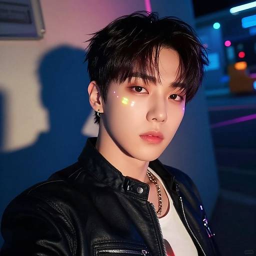Photograph of an Asian young man with short black hair, wearing a black leather jacket, white shirt, and chain necklace, illuminated by colorful city lights