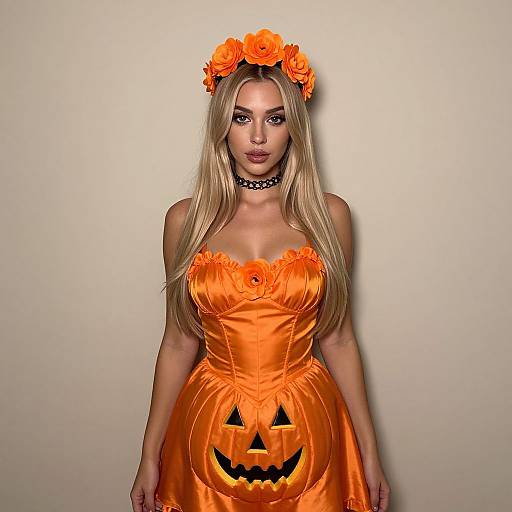 Photograph of a blonde woman with long hair, wearing an orange pumpkin dress, black choker, and orange flower headband, against a plain beige