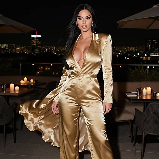 Glamorous Woman in Gold Satin Suit