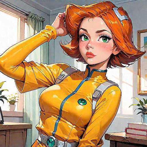 Anime Style Girl in Yellow Bodysuit Indoors