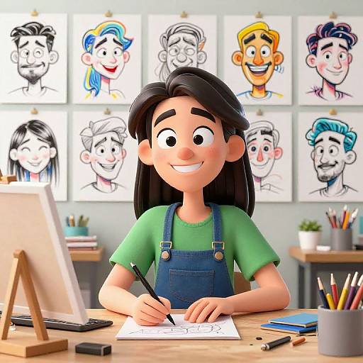 Digital illustration of a smiling cartoon girl with black hair, wearing green shirt and blue overalls, drawing at a desk with colorful character sketches on the wall