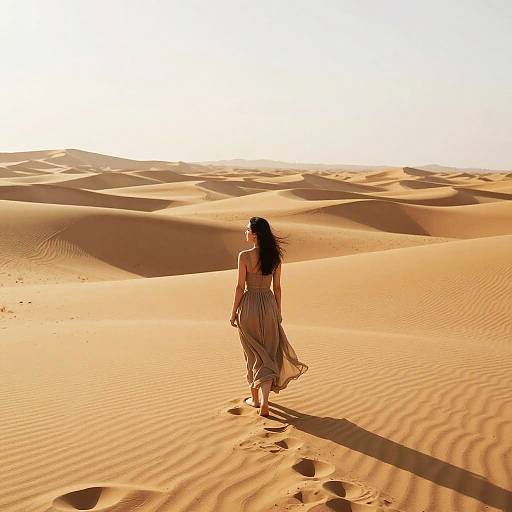 Woman in Vast Golden Desert Dunes