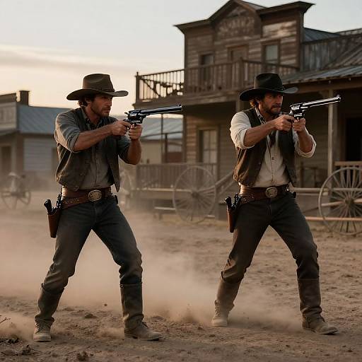 Photograph of two rugged, bearded men in black cowboy hats and vests, aiming pistols in a dusty, Western-style town at sunset.