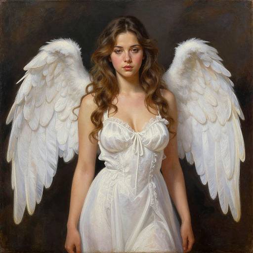 Digital painting of a beautiful, fair-skinned woman with long brown hair, wearing a white, lacy dress, and large, white angel wings,