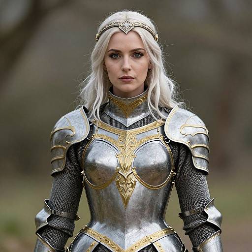 Photograph of a blonde woman in detailed silver and gold medieval armor, standing in a forest, with a focused expression.