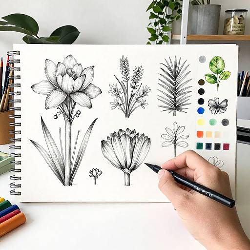 Photograph of a hand drawing black ink botanical sketches of flowers and leaves on white paper, with a color palette, pen, and plant in the background