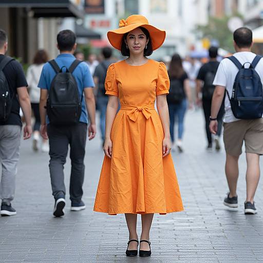 Photograph of a young woman in an orange dress and wide-brimmed hat, standing in a bustling city street, surrounded by people walking. Urban