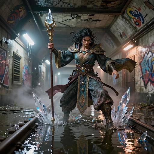 Fierce Elemental Warrior in Flooded Subway