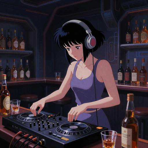 Cyberpunk DJ Girl in Futuristic Whiskey Club