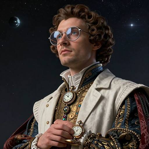 Photorealistic digital artwork of a curly-haired man with round glasses, wearing an ornate, clock-adorned white and black jacket, against a