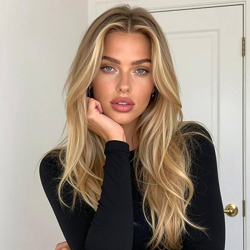 Blonde Woman with Wavy Hair and Black Top