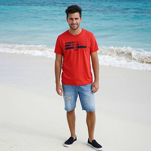 Photograph of a smiling man with short dark hair, wearing a red t-shirt with black stripes, blue denim shorts, and black sneakers, standing on