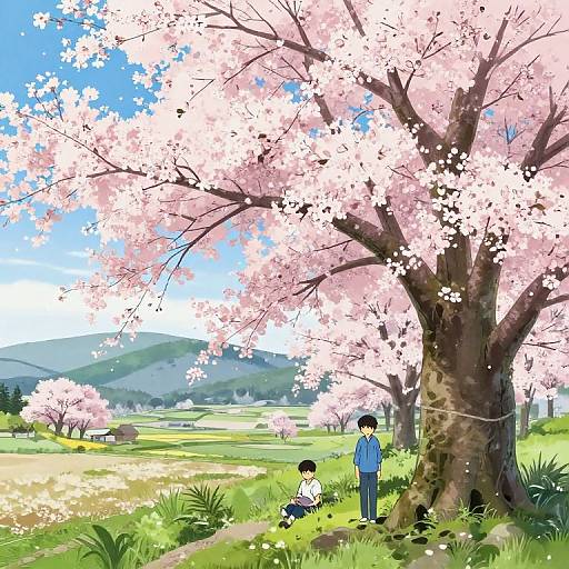 Digital anime-style illustration of a cherry blossom tree, with a blue-shirted man and a boy sitting beneath it, surrounded by a lush, green field