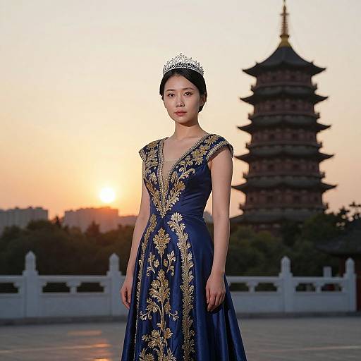 Asian woman in royal blue gown with gold embroidery, silver tiara, standing in front of sunset and traditional pagoda. Photographic image.