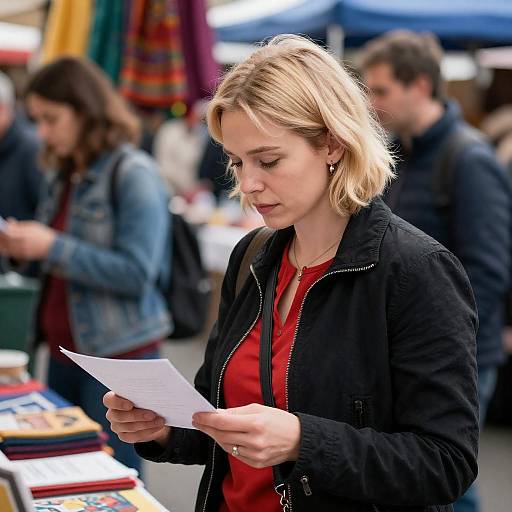 Blonde Woman Reading at Market Stall