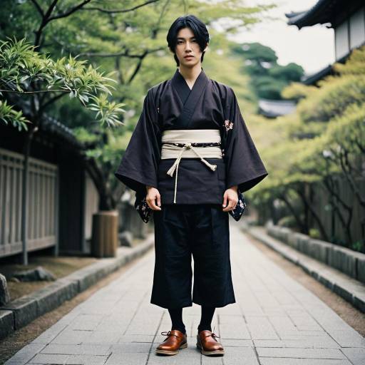 Male in Black Kimono Costume Outdoors