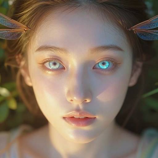Photograph of a young woman with glowing blue eyes, fair skin, and brown hair adorned with butterfly hair clips, illuminated by sunlight in a green,