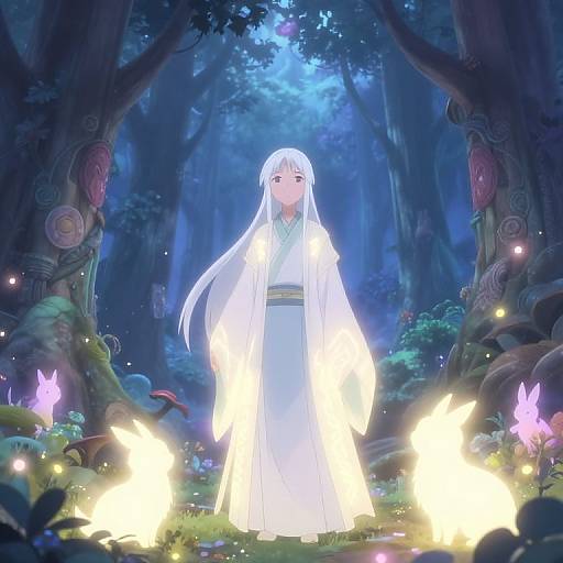 Anime-style digital artwork of a white-haired girl in a glowing white dress surrounded by luminescent butterflies in a mystical, moonlit forest.