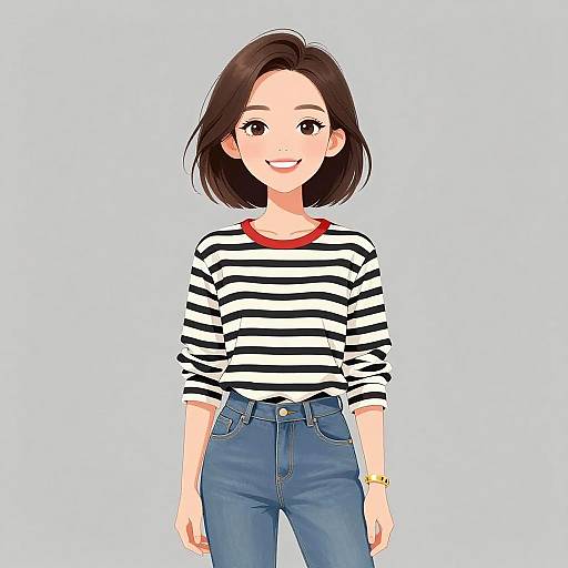 Smiling Woman in Casual Striped Outfit