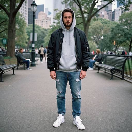 Photograph of a bearded man with dark hair, wearing a black jacket, white hoodie, ripped jeans, and white sneakers, standing in a park