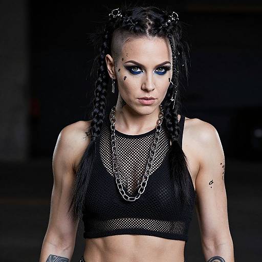 Photograph of a muscular woman with braided black hair, blue eye makeup, black mesh crop top, silver chains, dark background.