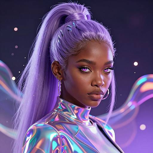 Digital artwork of a dark-skinned woman with purple hair in a high ponytail, wearing a shiny, iridescent top, with glowing purple eyes