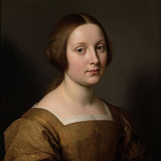 Photograph-style portrait of a young Caucasian woman with fair skin, brown hair, and brown dress, set against a dark background.